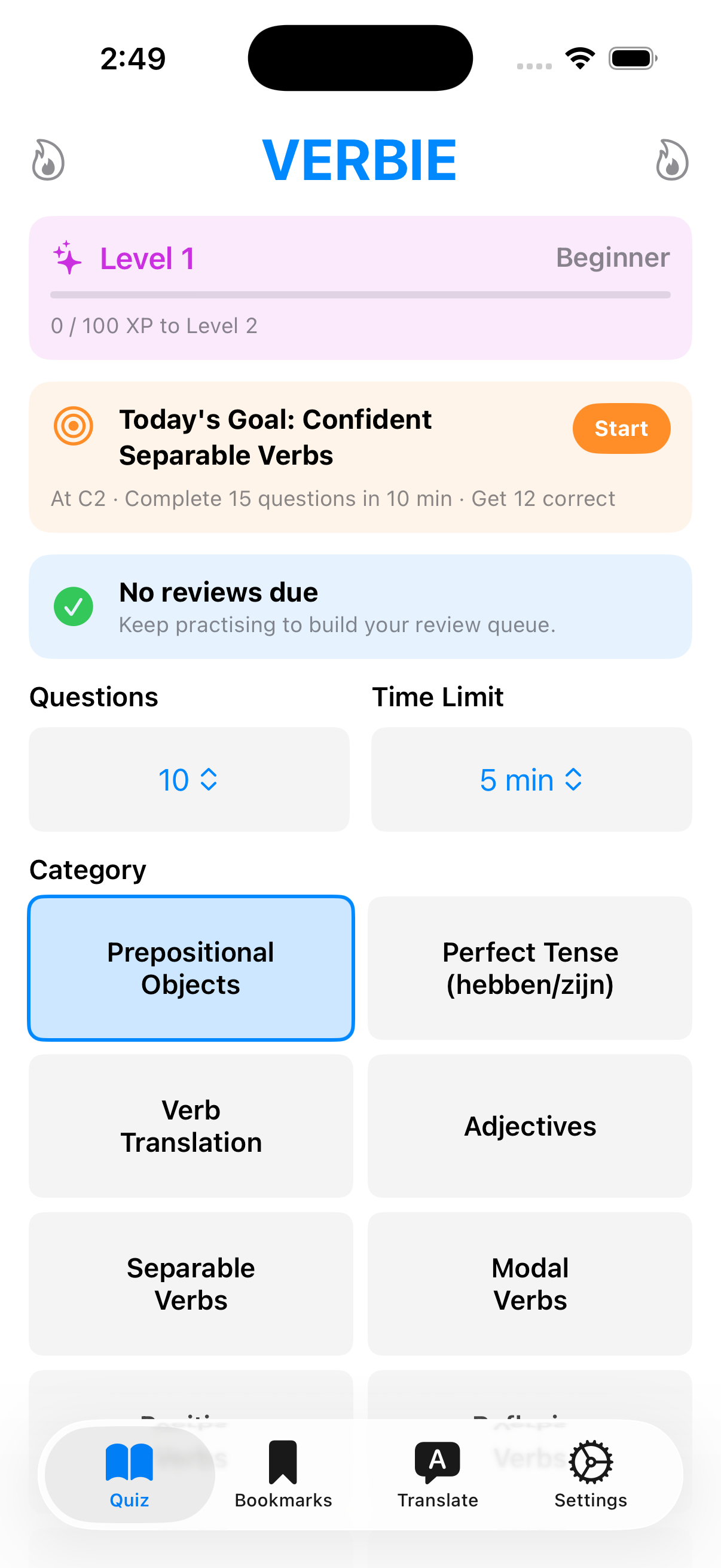 Verbie home screen with level progress, a daily goal and the quiz category grid