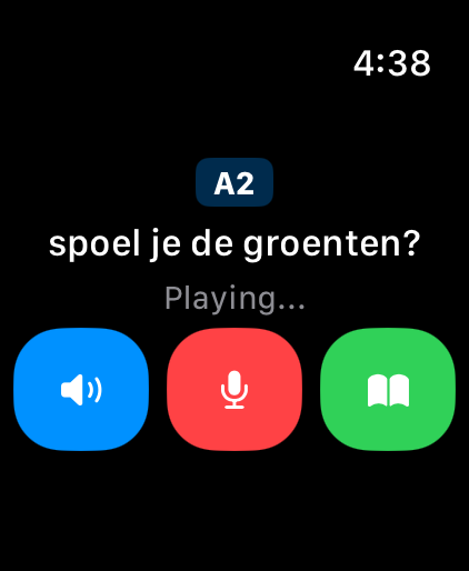 The same A2 sentence on an Apple Watch with repeat, record and translate buttons