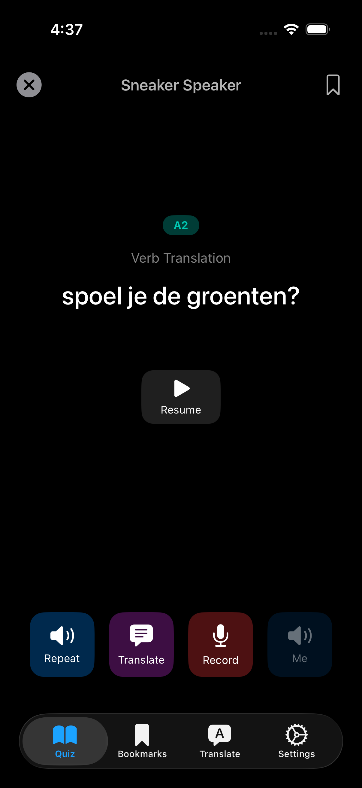 Sneaker Speaker on iPhone playing an A2 verb translation sentence