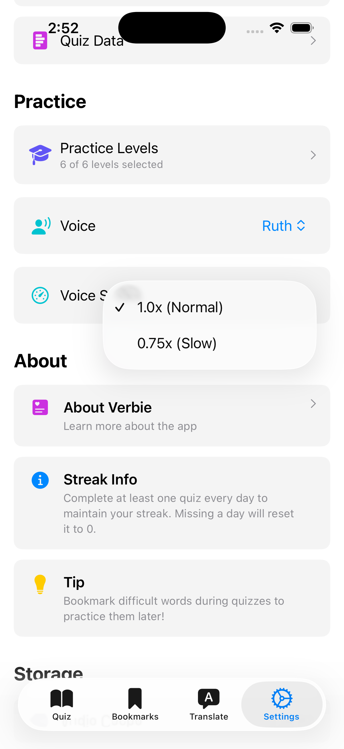 Settings screen with the speed picker open on 1.0x normal and 0.75x slow