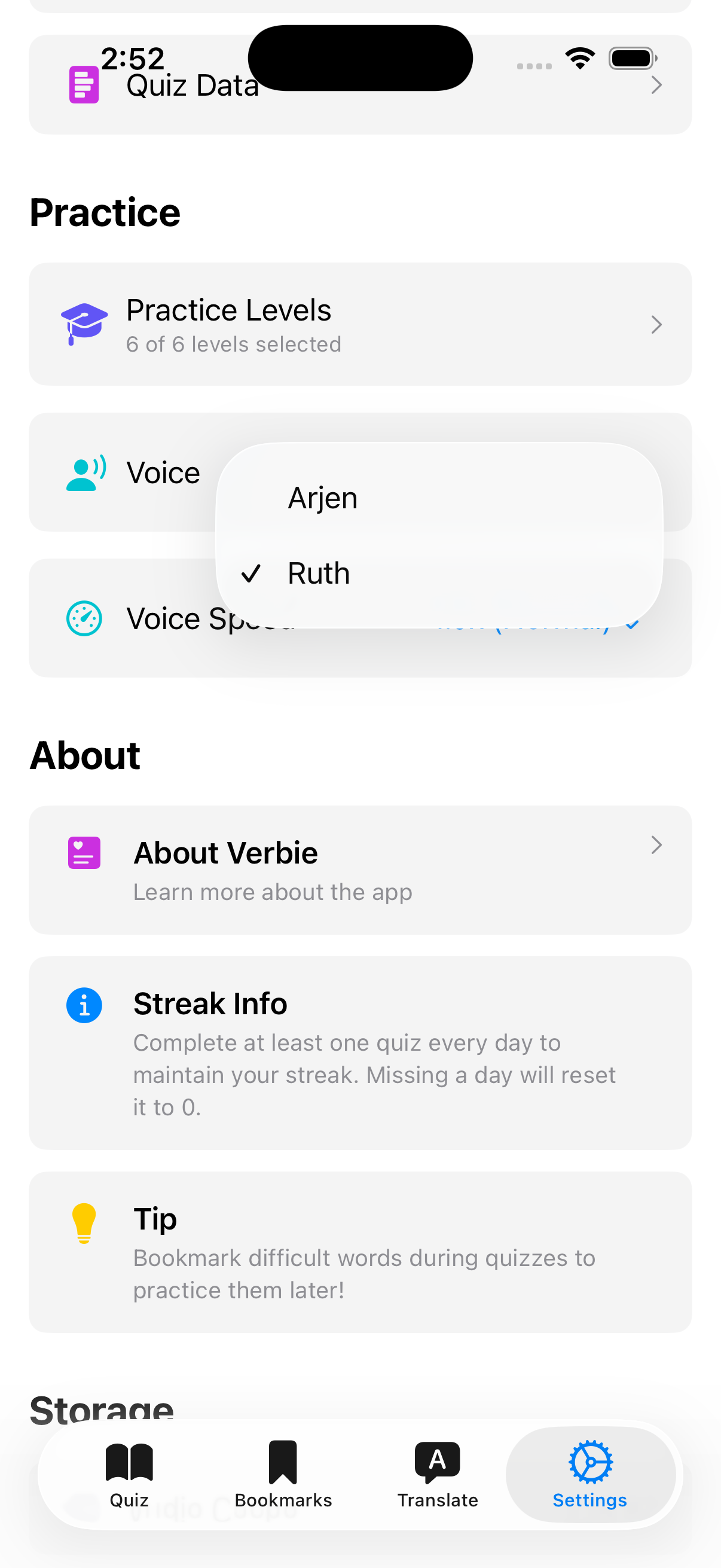 Settings screen with the voice picker open on Arjen and Ruth
