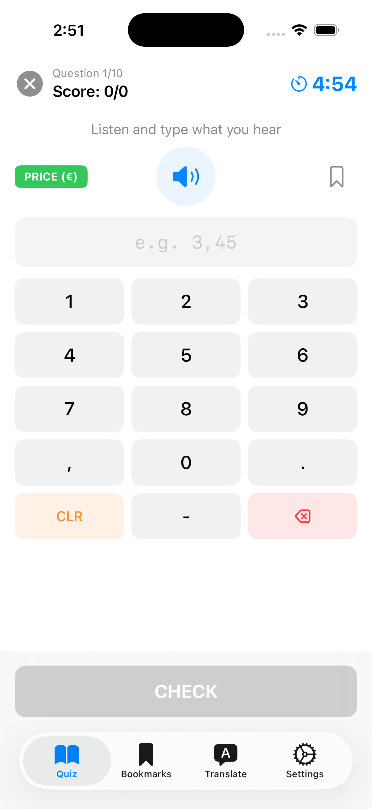 Number listening quiz asking the learner to type a spoken price in euros