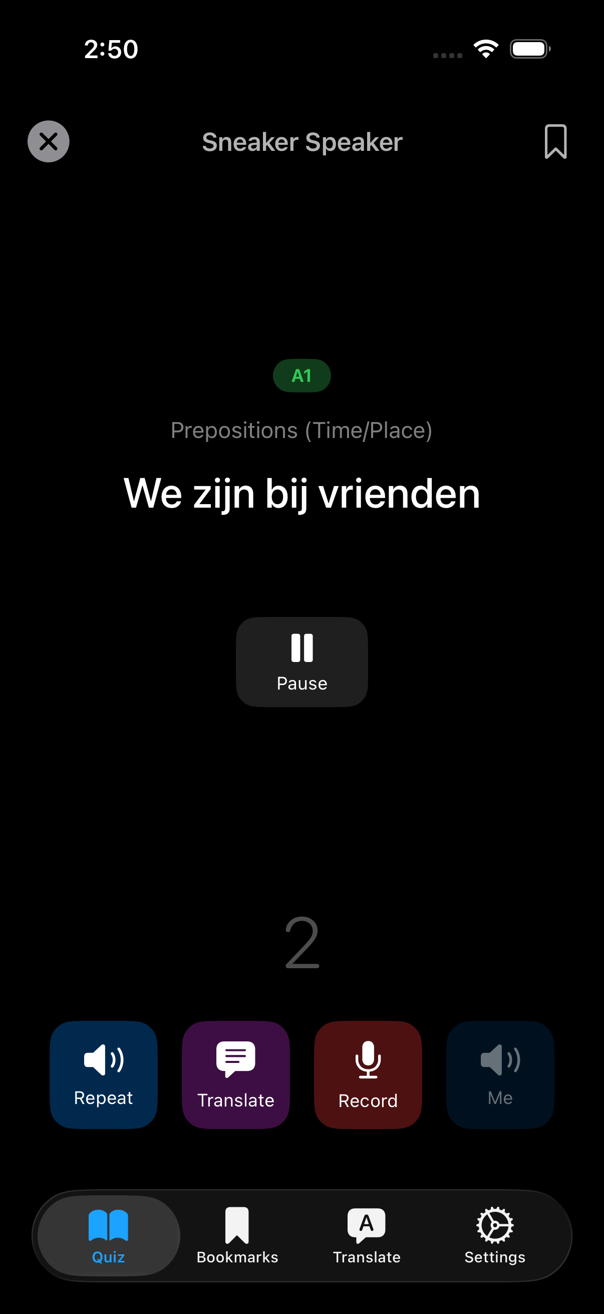Sneaker Speaker playing an A1 sentence with repeat, translate and record controls