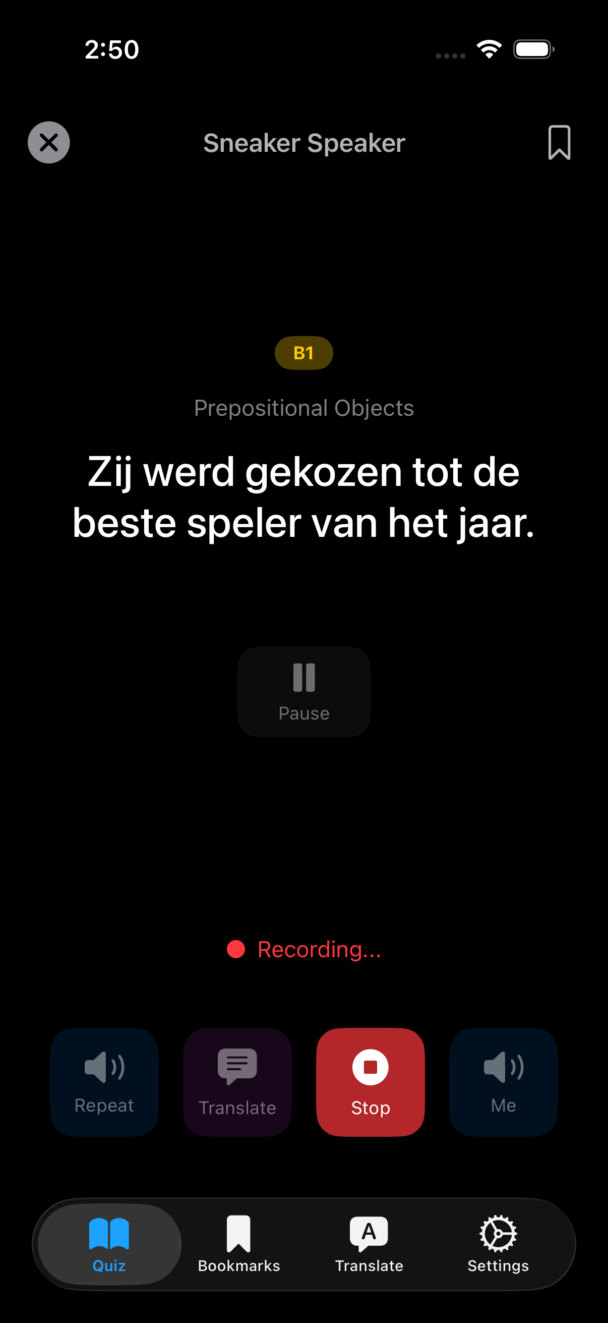 Sneaker Speaker recording the learner repeating a B1 sentence