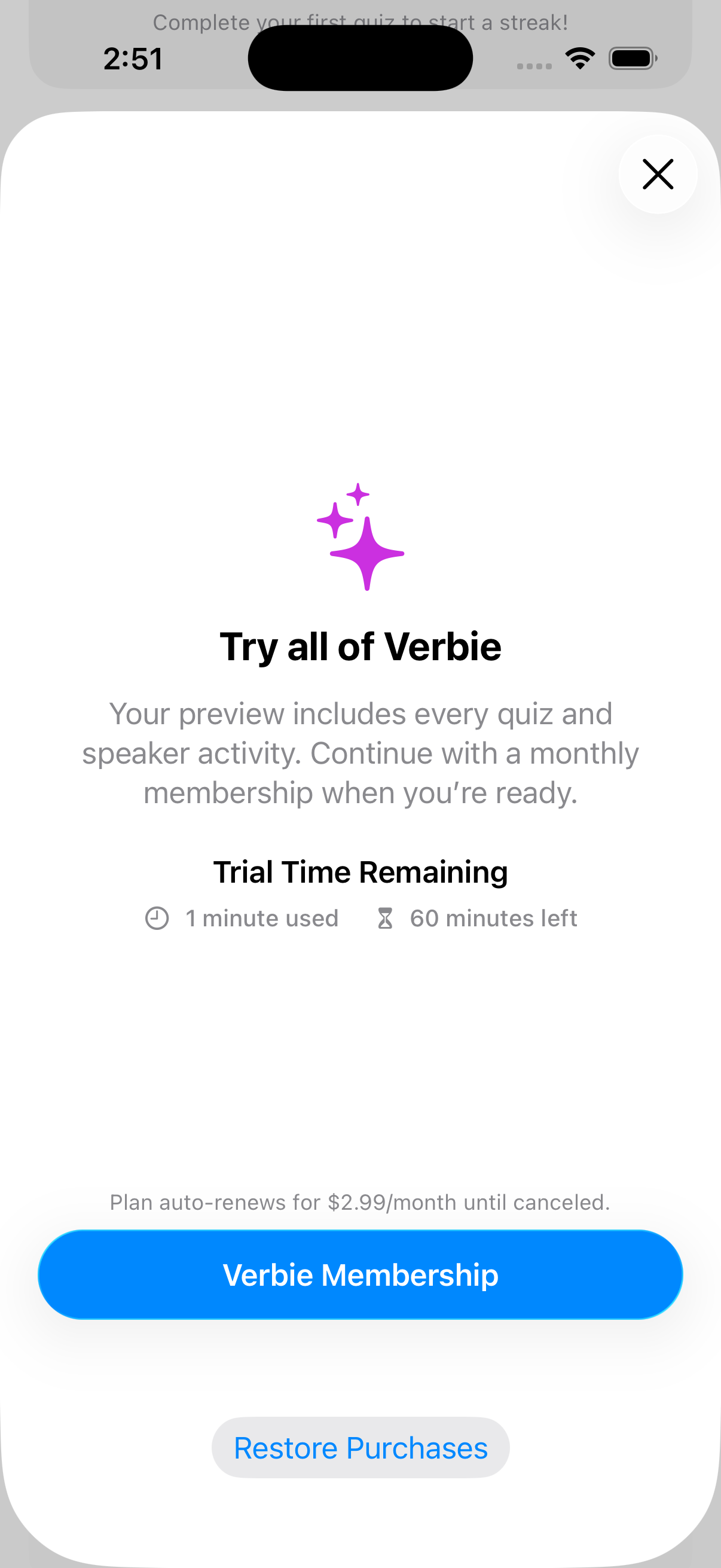 Verbie membership screen showing the remaining free trial time and the monthly plan