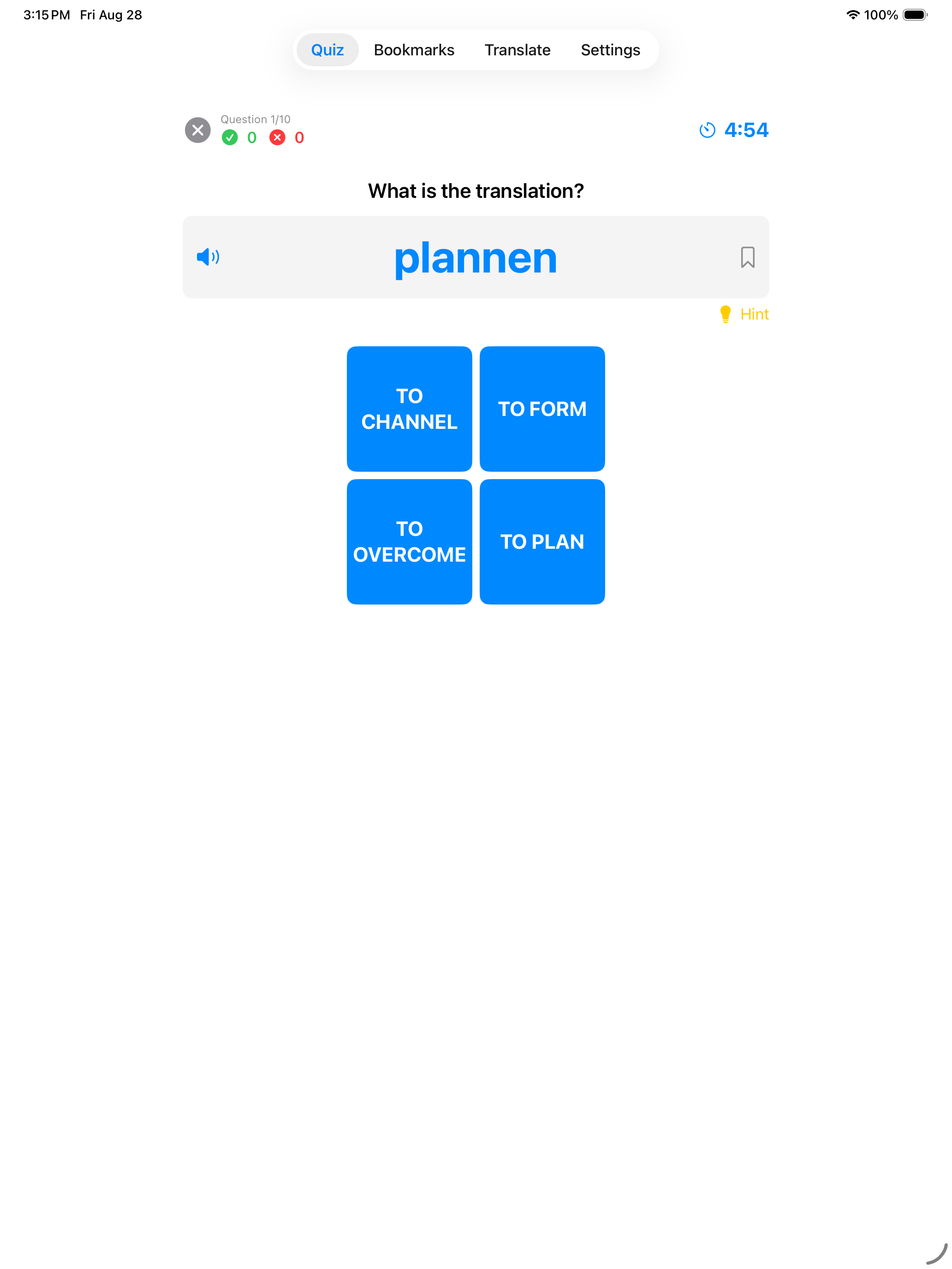 Verb translation question on iPad with four large answer tiles
