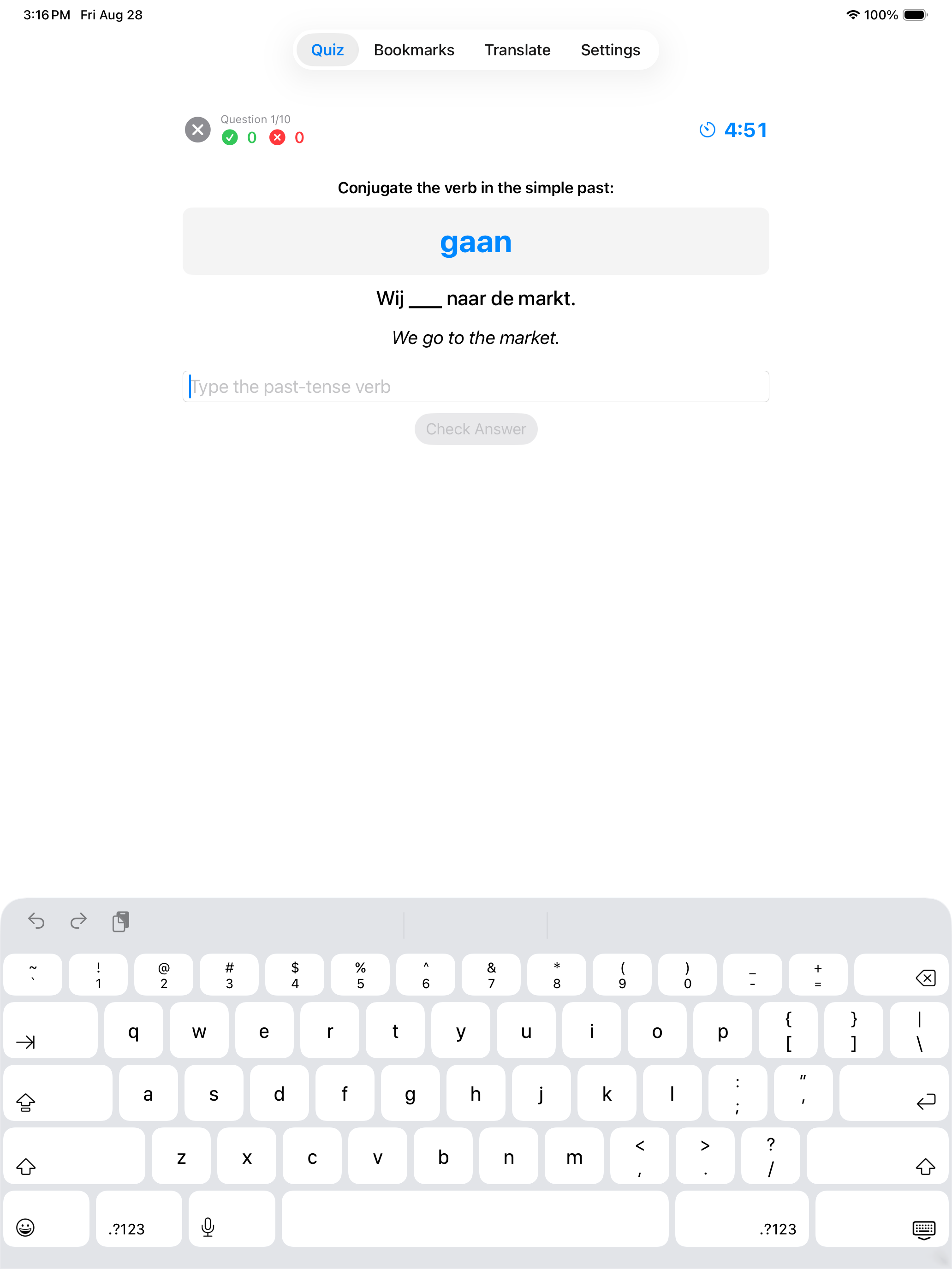 Past tense conjugation question on iPad with the full software keyboard