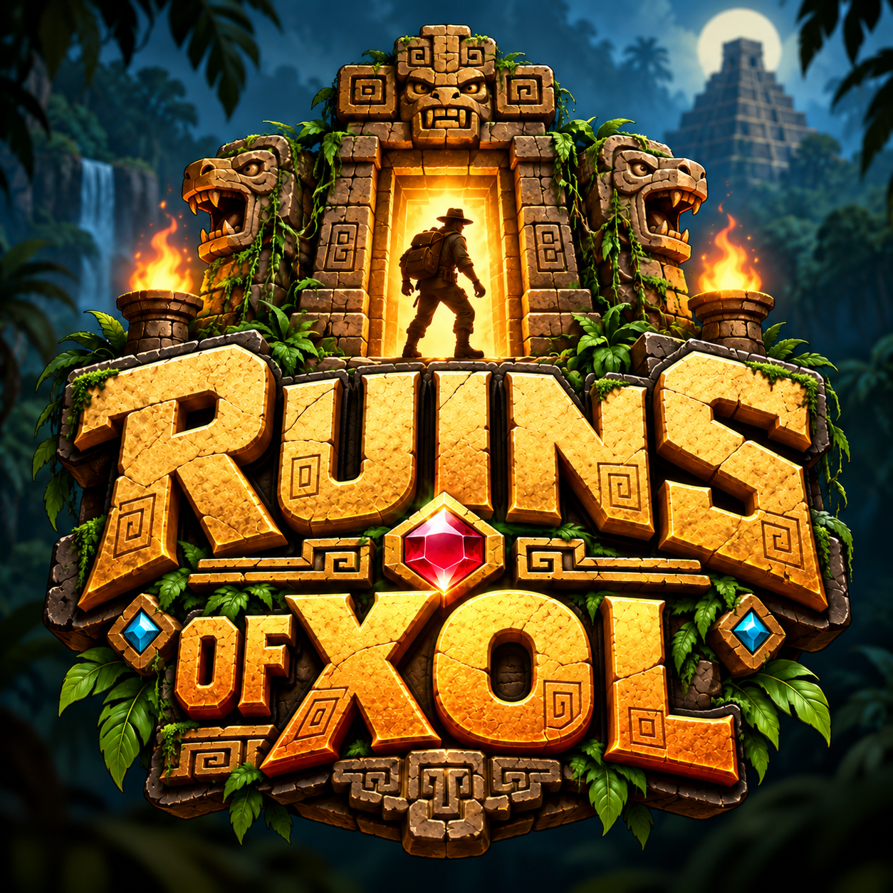 Ruins of Xol title art: an explorer silhouetted in a glowing temple doorway above carved stone letters spelling Ruins of Xol, set in a moonlit jungle